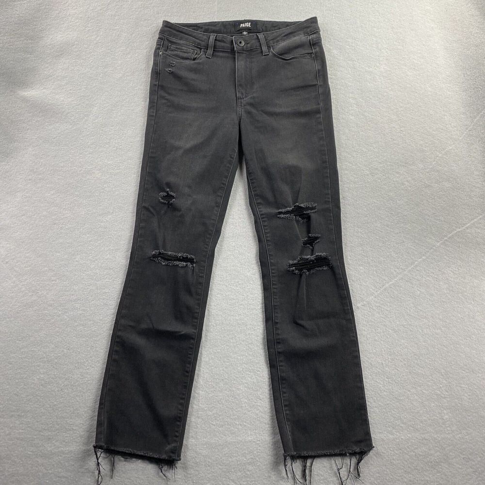 Paige Jeans Womens 27 Black Denim Pants Jacqueline Straight Distressed Casual - Picture 1 of 11